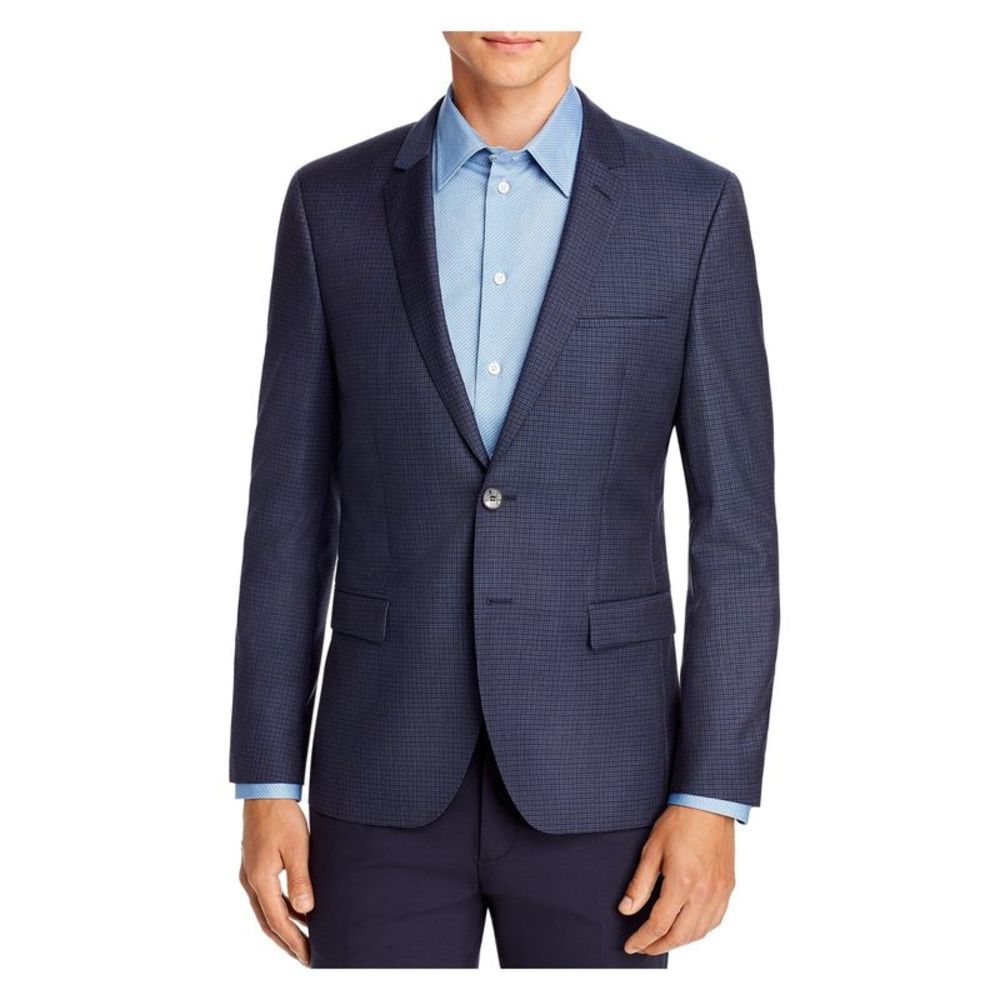 HUGO Mens Blue Single Breasted, Multi-Check Blazer Jacket 46R